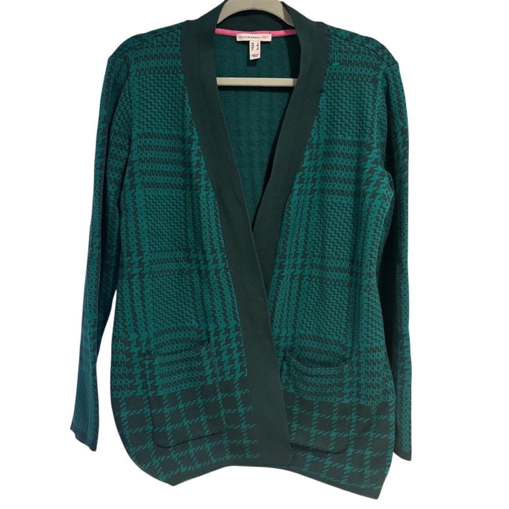Isaac Mizrahi Green Open Front Houndstooth plaid Sweater Size Small